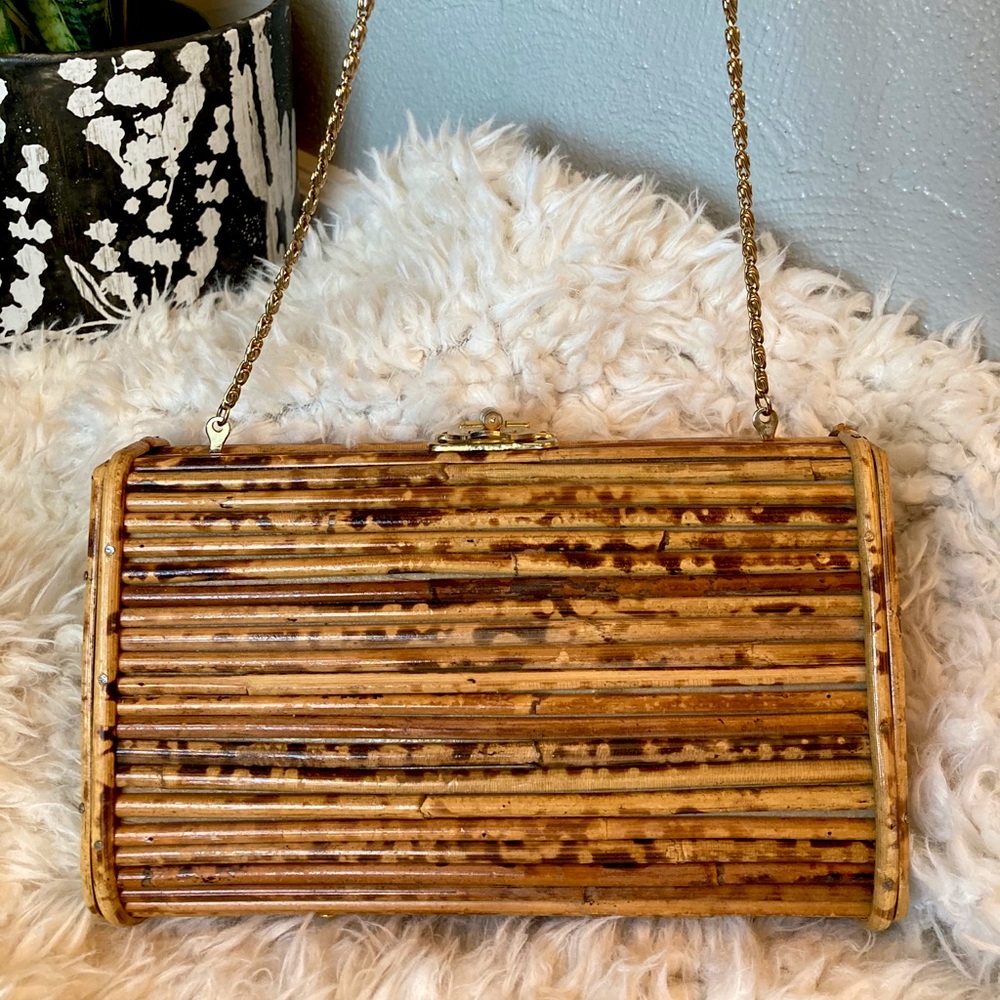 Bamboo Clutch Bag with Gold Accents and Chain